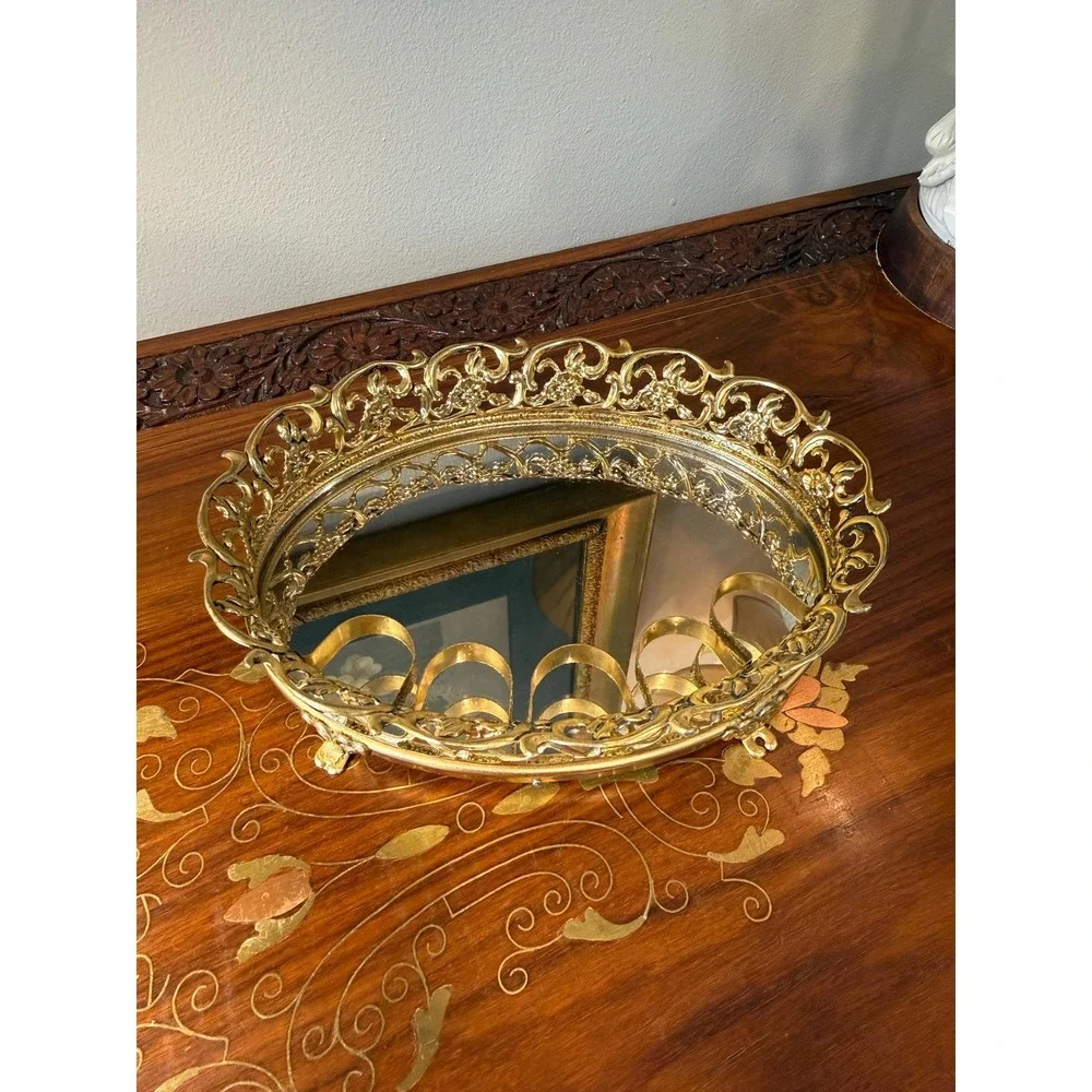 Vintage Gold Ormolu Lipstick Holder - Mirrored Vanity Tray